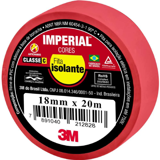 Fita Isolante 3M Imperial Vermelha 18mm x 20m. Cód: HB004298129