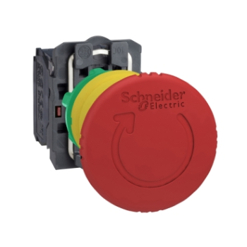 Botão Emergência Schneider Harmony XB5 Plástico Cogumelo Gira p/ Liberar 1NA+1NF. Cód: XB5AS8445