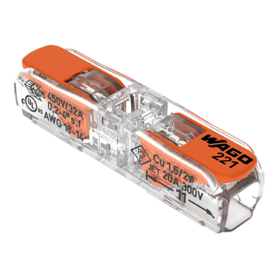 Conector de Emenda Rápida Inline (Em Linha) WAGO 2 Condutores 4mm² Linha 221 - Cód: 221-2411