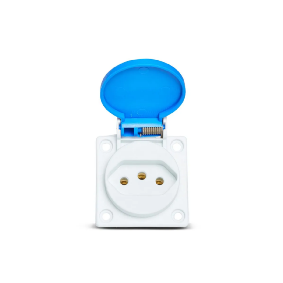 Tomada Painel 2P+T Steck 10A 250V Azul c/ Tampa IP44. Cód: S8640