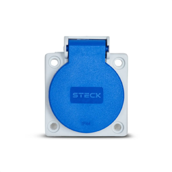 Tomada Painel 2P+T Steck 20A 250V Azul c/ Tampa IP44. Cód: S8641AZ