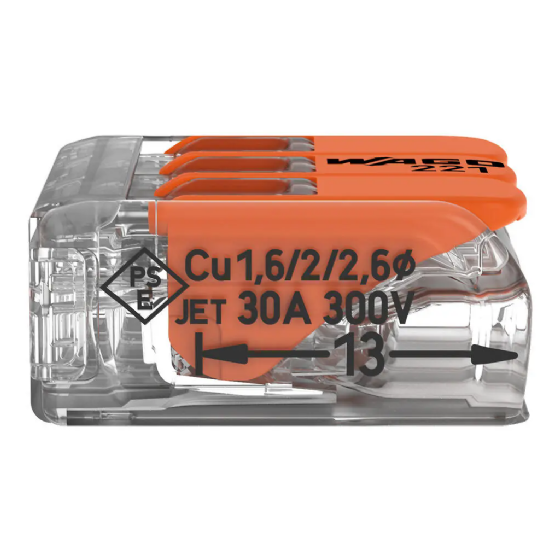 Conector de Emenda Rápida WAGO 3 Condutores 6mm² Linha 221 - Cód: 221-613