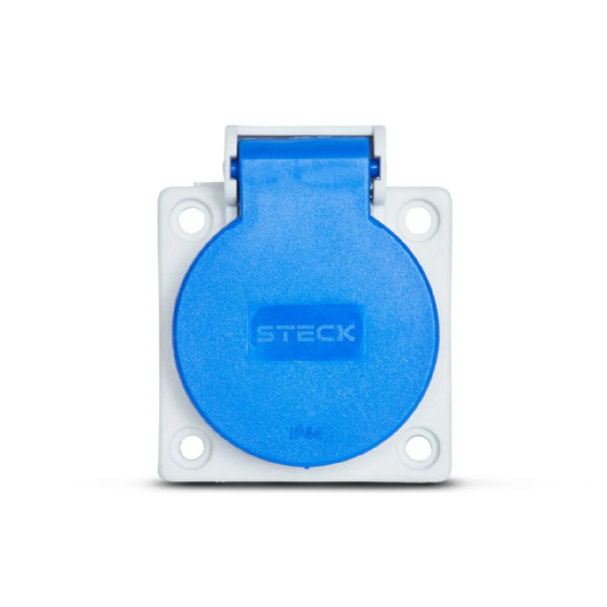 Tomada Painel 2P+T Steck 10A 250V Azul c/ Tampa IP44. Cód: S8640