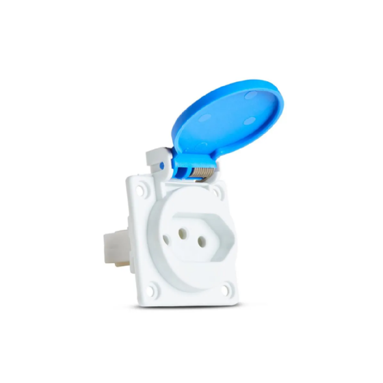Tomada Painel 2P+T Steck 10A 250V Azul c/ Tampa IP44. Cód: S8640