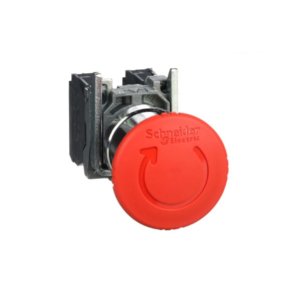 Botão Emergência Schneider Harmony XB4 Metálico Cogumelo Gira p/ Liberar 1NA+1NF. Cód: XB4BS8445