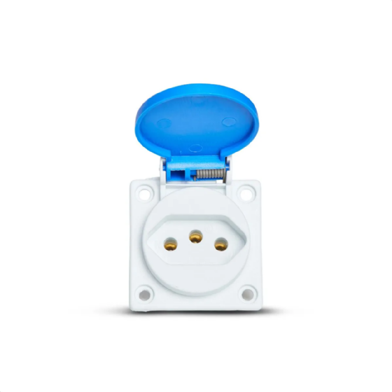 Tomada Painel 2P+T Steck 20A 250V Azul c/ Tampa IP44. Cód: S8641AZ